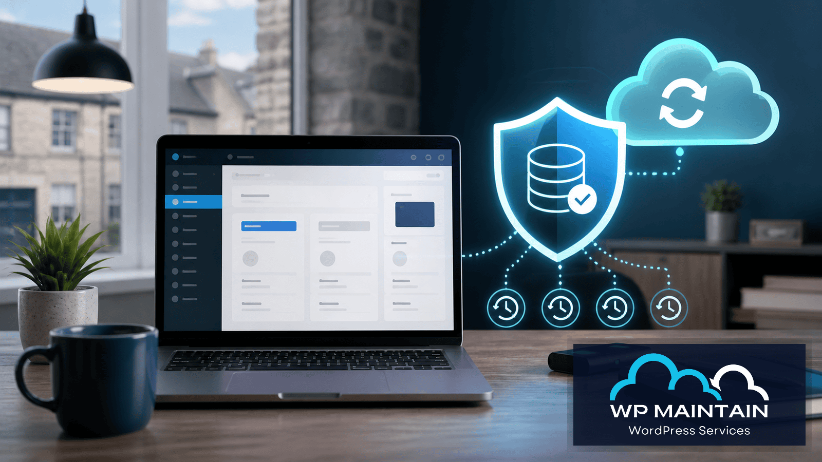 WordPress backups Ireland secure backup and restore concept with WP Maintain branding
